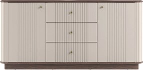 Komoda Vesper 160 cm z szufladami na cokole - kaszmir / orzech / złote uchwyty