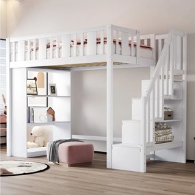 Łóżko piętrowe dla dzieci - 90 x 200 cm - ze schowkiem w schodach i półką - drewno + MDF - białe