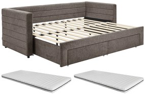 Łóżko wysuwane 2 x 80 x 200 cm - Z rozsuwanym stelażem i szufladami - Teksturowana tapicerka - Taupe + Materac - CAMITY