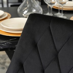 Zestaw Stół Prostokątny Rozkładany CLARK 120-160 cm Czarny Marmur i 4 Krzesła Tapicerowane CORK Czarne Welurowe Loft