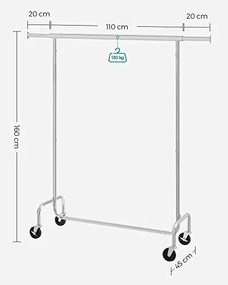 SongmicsHome Wieszak na ubrania IRENE na kółkach, max. 130 kg, 150x45x160 cm, srebrny