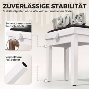 HOMCOM Ławka pianinowa regulowana wysokość, stołek pianinowy z tapicerowanym siedziskiem, aksamitny wygląd, nogi z drewna kauczukowego Biały | Aosom PL