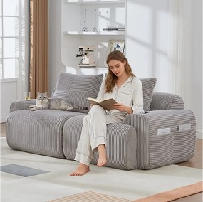Nowoczesna sofa 2-osobowa - 200 x 99 x 80 cm - z uchwytem na kubek + kieszenią do przechowywania - aksamit - jasnoszary