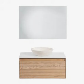 Zestaw Mebli Łazienkowych Z Drewna Jesionowego Tedrik Popielaty Brąz & Cement Okrągły Biały Ø40 Cm - Sklum