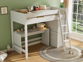 Łóżko mezzanine 90x200cm z drewna - z biurkiem i modułową szafą - Białe