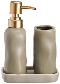 Zestaw łazienkowy EON, ceramiczny dozownik ze złotą pompką, kubek i taca