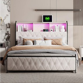 Łóżko 160x200 cm z muzyczną lampką LED w zagłówku, 4 szuflady, porty USB/Type-C, wbudowane miejsce do przechowywania, styl nowoczesny beżowy