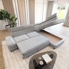 Masseno Narożnik AVISE z funkcją spania i pojemnikiem na pościel Narozniki L, Rozkładana sofa - Jasnoszary, MATT VELVET 83
