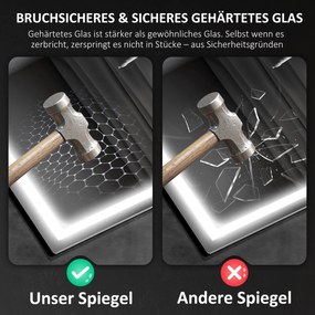 HOMCOM Lustro łazienkowe LED z funkcją przeciw zaparowaniu, 3 regulowane kolory światła, zegar, 600 x 800 mm, Srebrne