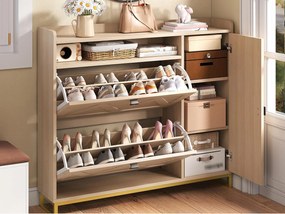 Szafa na buty 110x24x100 cm - 2 drzwi uchylne i 1 drzwi boczne - Otwarte półki - Konstrukcja metalowa - Naturalny