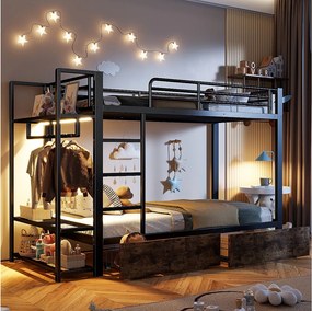 Łóżko piętrowe dla dzieci - 2 x 90 x 200 cm - rama żeliwna - z 2 szufladami + półki + diody LED - metalowe - czarne