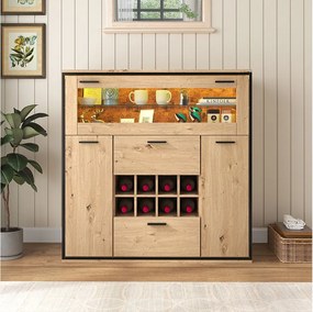 Komoda z 3 drzwiami, 2 szufladami i półką na butelki - szklane półki - imitacja drewna - kolory: dąb i czarny