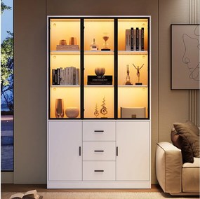 Gablota 120x30x200cm - Duży mebel do przechowywania z drzwiami szklanymi, oświetleniem LED RGB z łącznością (Bluetooth), 3 szuflady, styl nowoczesny - Matowa biel