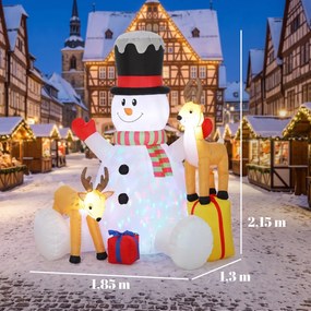 Outsunny Nadmuchiwany bałwan świąteczny z 2 reniferami, 215 cm, na zewnątrz, z diodami LED i torbą | Aosom PL