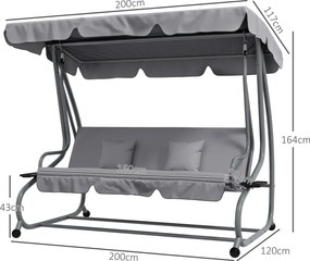 Outsunny huśtawka ogrodowa 3 osobowa 2 w 1, 200cm, do 340kg, stal, szary | Aosom PL