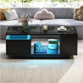 Stolik kawowy lakierowany - 100 x 50 x 36 cm - z szufladą + diody LED + 4 schowki - płyta wiórowa - czarny