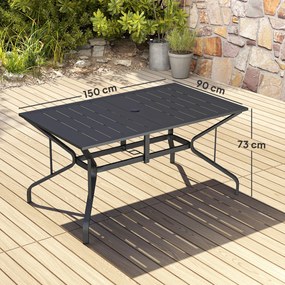 Outsunny Stół ogrodowy ze stali 150x90 cm Odporny na warunki atmosferyczne, z otworem na parasol, dla 6 osób, czarny
