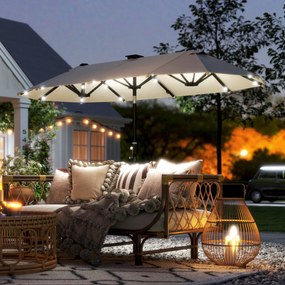 Outsunny Podwójny parasol, parasol tarasowy, nachylny, z panelem słonecznym, 35 diod LED, stal, beżowy, 2,95 x 1,50 x 2,19 m