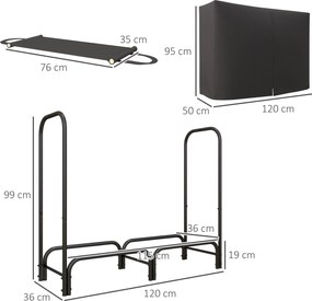 Outsunny Regał na Drewno na Opał, 0,33 m³, z Torbą i Ochronną Pokrywą, Metalowy, do 150 kg, 120 x 36 x 99 cm, Czarny
