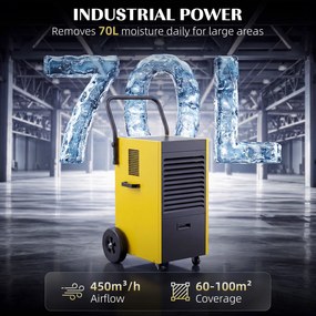 DURHAND Przemysłowy osuszacz powietrza 70L/dzień z kołami i uchwytem, wężem odpływowym, timerem 24-godzinnym, zbiornikiem 5,5L, żółty | Aosom PL