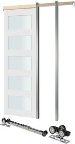 Drzwi Przesuwne Chowane SucceBuy 203,5x76,5 cm, Pojedyncze Drzwi Wkładane z 5 Panelami ze Szkła Matowego, Komplet Okuć, Solidne z Litego Drewna
