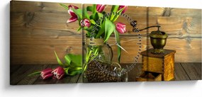 Obraz - tulipany, młynek i kawa (z zegarem) (90x30 cm)