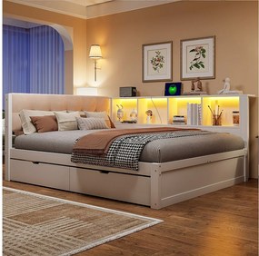 Łóżko 140 x 200 cm z 2 szufladami, 4 przegrodami, USB i LED - lita sosna i płyta MDF - białe (materac nie jest wliczony w cenę)