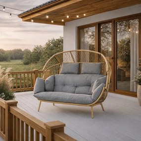 Fotel ogrodowy 2-osobowy kokon Belira, technorattan, boho, z szarymi poduszkami