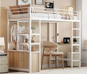 Łóżko mezzanine 90x200cm z metalu - z biurkiem + gniazdami USB + barierkami - Białe