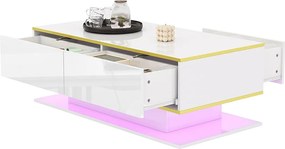 Nowoczesny stolik kawowy z połyskiem - 100 x 50 x 40 cm - z 3 szufladami + diody LED + USB - płyta wiórowa - biały