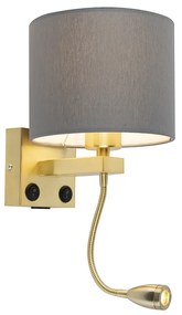 Lampa ścienna art deco złota z USB i szarym kloszem - Brescia ArtDeco Oswietlenie wewnetrzne