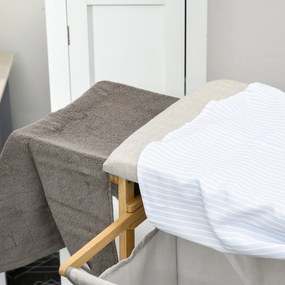 HOMCOM Segregator na pranie, multifunkcyjny, z deską do prasowania i workiem 57L, stelaż z bambusa, 113x34x82cm, naturalny/szary