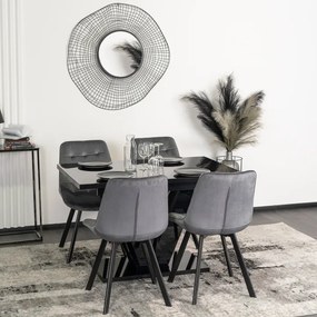 Zestaw Stół Prostokątny Rozkładany CLARK 120-160 cm Czarny Połysk i 4 Krzesła Tapicerowane RICK Szare Welurowe