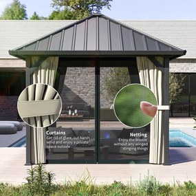 Outsunny 3 x 3 m Pawilon z Twardym Dachem, Ogrodowy Pawilon z Metalowym Dachem, Wodoodporne Namiot Ogrodowe z Siatką i Bocznymi Ścianami, Ciemnoszary