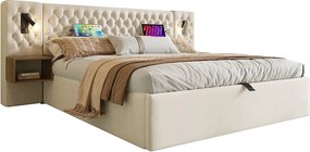 Łóżko z weluru 160x200 cm - 2 nocne stoliki + 2 lampki do czytania z gniazdem USB - Beżowe (materac nie wchodzi w skład)