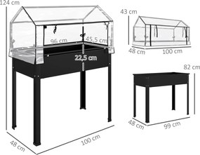 Outsunny Wysoki grządek z dachem cieplarnianym, Podniesiona skrzynka do sadzenia z otworami odpływowymi, 100 x 48 x 124 cm, Czarny