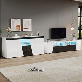 Szafka RTV połączona z kredensem - szafka RTV lakierowana na wysoki połysk + niska szafka pokojowa - z diodami LED - płyta wiórowa - biała