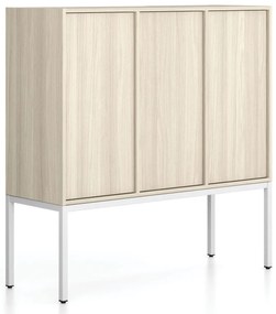 Szafa biurowa FRAME, niska, podstawa biała, 3x drzwi, 1299 x 450 x 1331 mm, PUSH-Lock, dąb naturalny