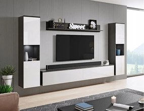 Nowoczesna meblościanka 4-elementowa do salonu z LED, 2 słupki, szafka RTV 180 cm i półka, korpus antracyt mat, fronty biały połysk