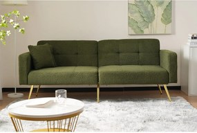 Sofa rozkładana 2-osobowa z funkcją spania w tkaninie Sherpa - 175 x 64 x 72 cm - Złote metalowe nogi - Zielony