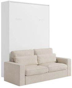 Łóżko chowane w ścianie w ścianie 140 x 200 cm - Otwieranie pionowe ręczne - Białe + Kanapa - BEGANIO