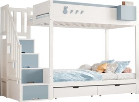 Łóżko piętrowe dla dzieci - 2 x 90 x 200 cm - z drabinką + 2 szuflady - drewno - biały + niebieski