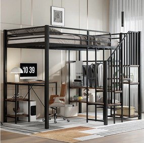 Łóżko piętrowe dla dzieci - 120 x 200 cm - drabinka narożna ze schowkiem + stolik i półka - metal + płyta MDF - czarne