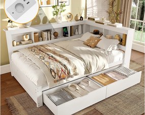 Sofa rozkładana 140x200 cm - z 2 szufladami - z gniazdkiem + 2 USB - z listwowym stelażem - biały (materac nie jest w zestawie)