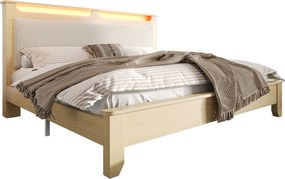 Łóżko podwójne z tapicerowanym oparciem - 160 x 200 cm - zagłówek ze schowkiem + diody LED - płyta MDF - beżowe (z materacem)