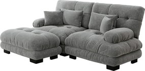 Szara sofa 2-osobowa - sofa narożna z 2 poduszkami lędźwiowymi i 2 Poduszki dekoracyjne - Podłokietniki i podnóżek - Szenil