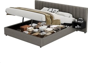 Łóżko ze schowkiem 180 x 200 cm z dużym wezgłowiem i 2 szafkami nocnymi - Tkanina lniana - Szary + czarny (bez materaca)