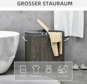 HOMCOM Kosz na bieliznę 100 L z pokrywą, uchwytem, 2 sekcje, wyjmowany worek na pranie, do sypialni, łazienki, wykonany z bambusa, szary