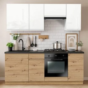 Zestaw Mebli Kuchennych MODERN 200 cm Biały Połysk/Dąb Nowoczesny