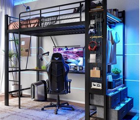 Łóżko piętrowe 90×200 cm - z biurkiem + suszarką na ubrania - 4 szuflady - porty USB + TYPE-C - taśma LED - czarne